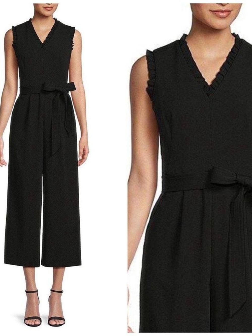 CALVIN KLEIN Black Belted Ruffle Neck Sleeve Jumpsuit Size 8